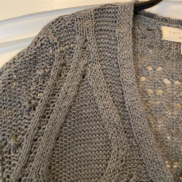 Saltwater Luxe Boxy Cable Knit Cardigan in Grey Blue - Picture 2 of 7